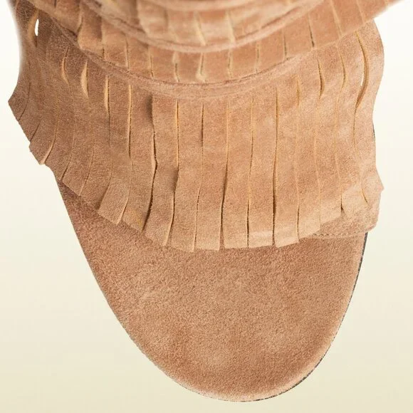 GUCCI SHOES BECKY BEIGE SUEDE FRINGED HIGH HEEL SANDAL sz 36.5 / 6.5 - Picture 8 of 9
